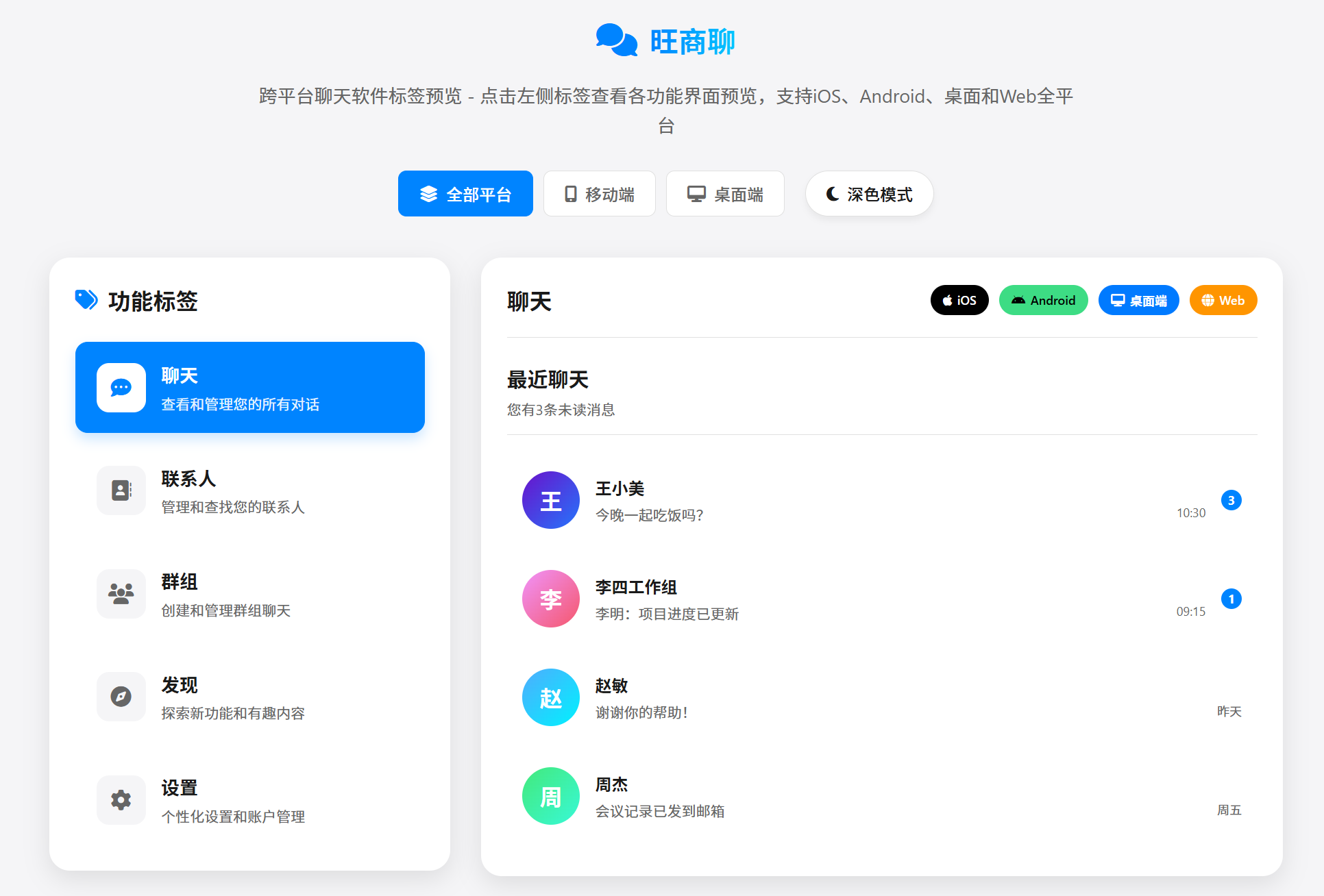 旺商聊对话列表与标签视图